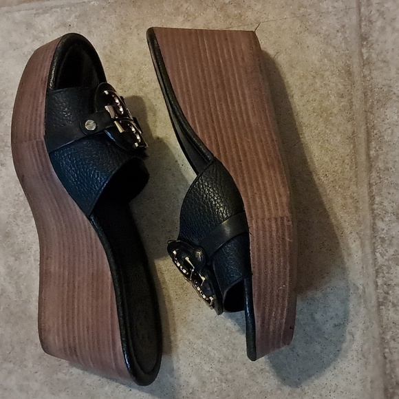 TORY BURCH Patti 3 Wedge Platform Sandal Tumbled Leather Black Luxury Designer - Picture 8 of 8